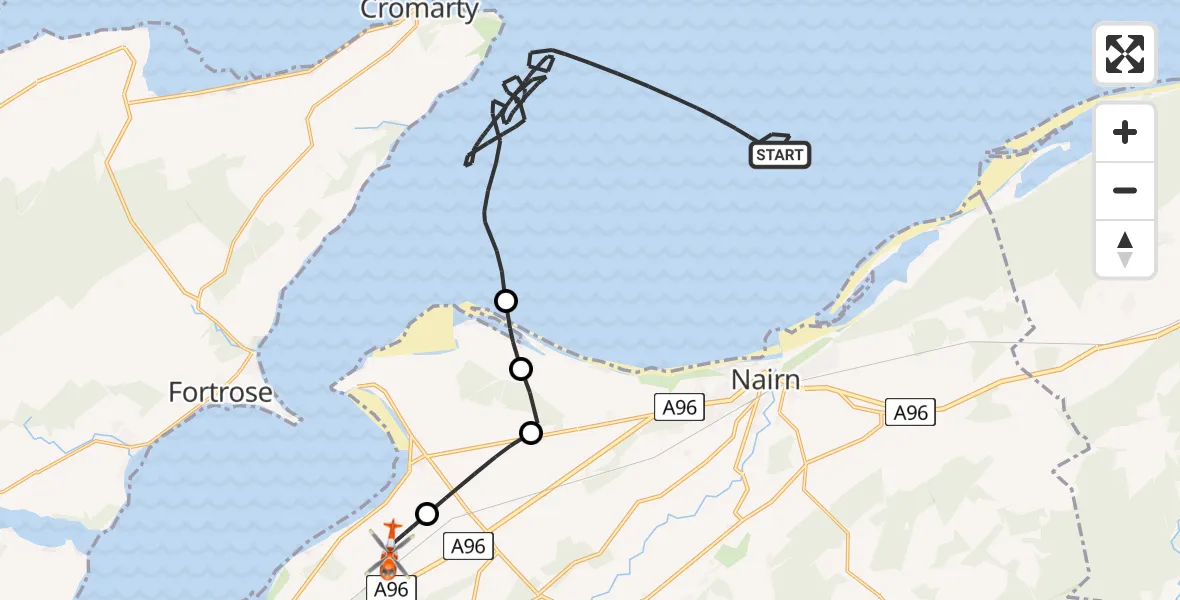 Flight route Coastguard Helicopter North Sea - Inverness Airport, 25 May 2026, 19:12