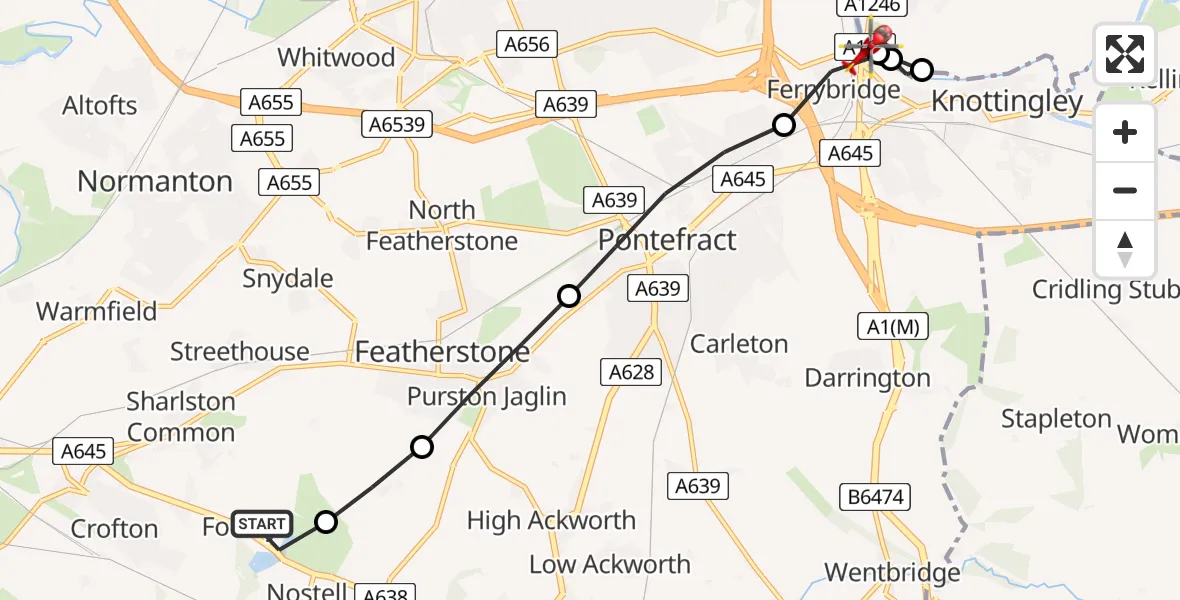 Flight route Air Ambulance Helicopter YAA Nostell Helicopter Port - Ferrybridge, 25 May 2026, 19:18