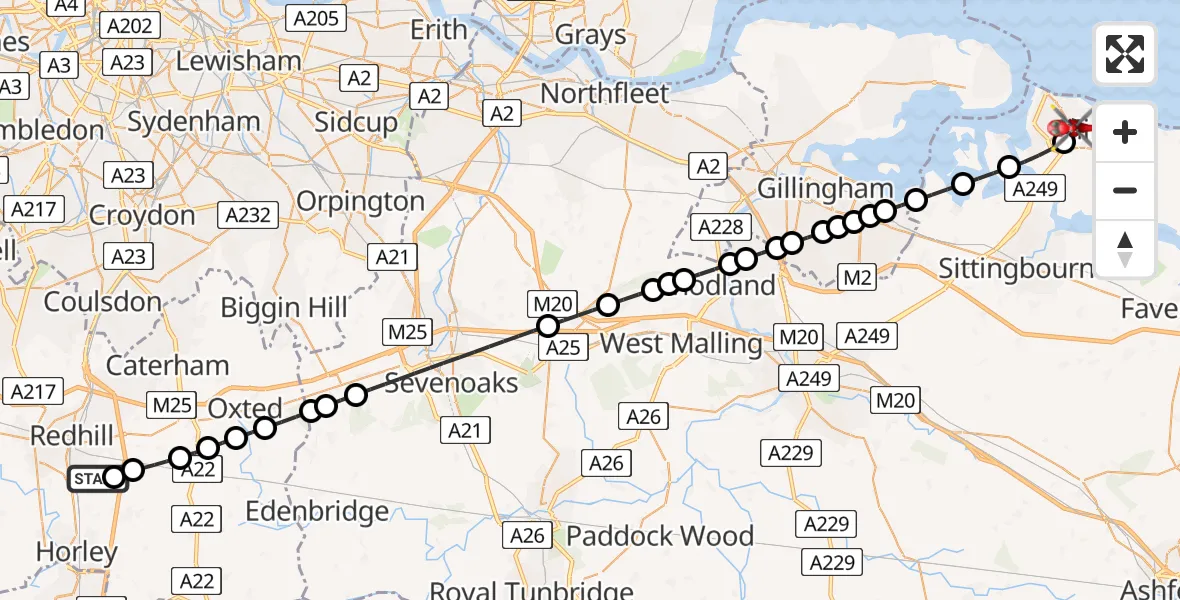 Flight route Air Ambulance Helicopter Redhill Aerodrome - Halfway, 25 May 2026, 19:40