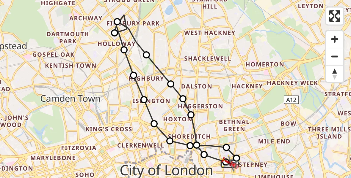 Flight route Air Ambulance Helicopter Royal London Hospital - Royal London Hospital, 25 May 2026, 19:43