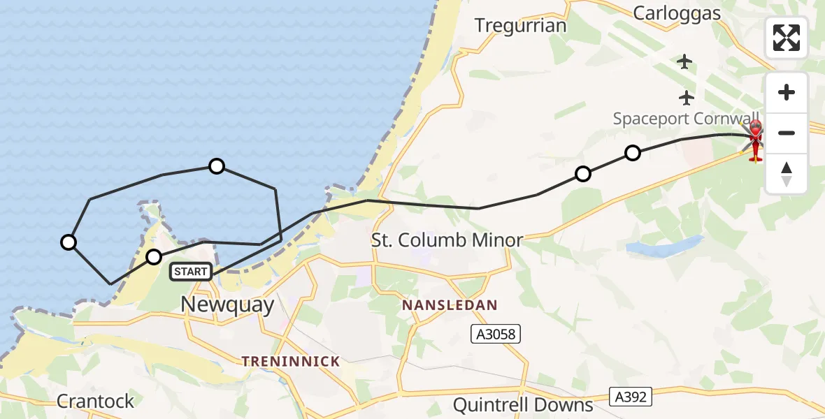 Flight route Air Ambulance Helicopter Newquay - Cornwall Airport Newquay, 25 May 2026, 19:44