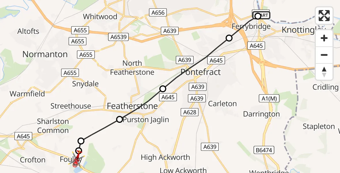Flight route Air Ambulance Helicopter Ferrybridge - YAA Nostell Helicopter Port, 25 May 2026, 19:50