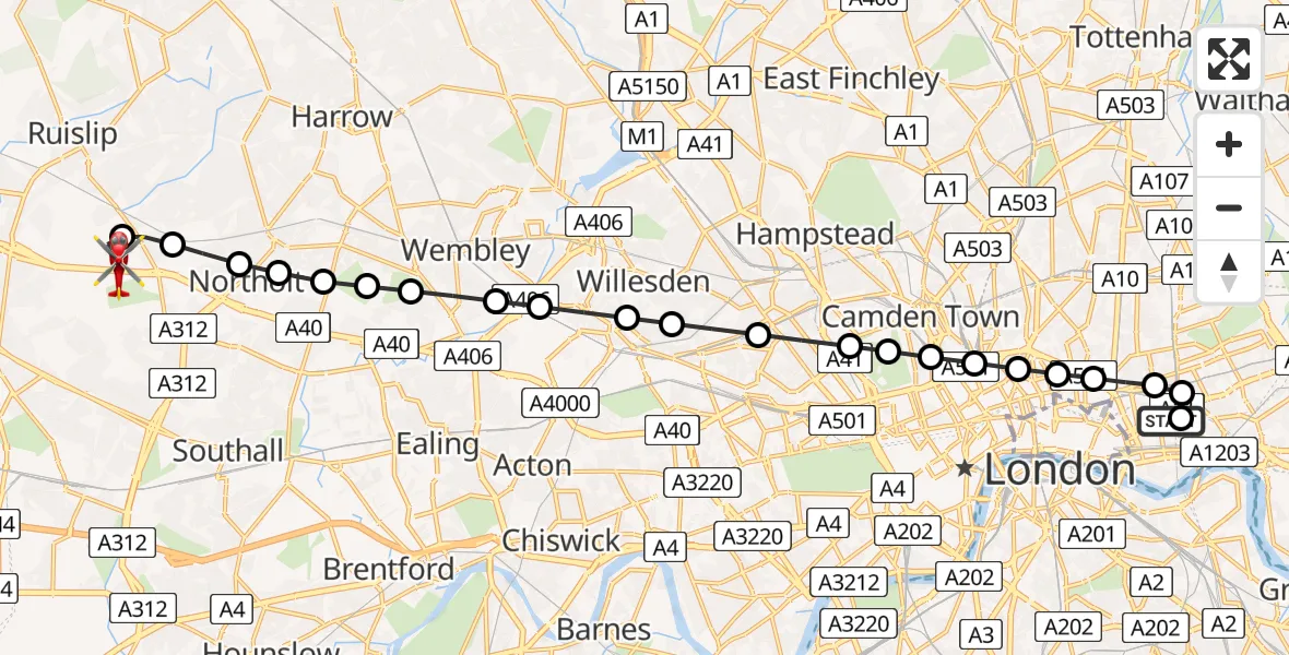 Flight route Air Ambulance Helicopter Royal London Hospital - RAF Northolt, 25 May 2026, 20:05