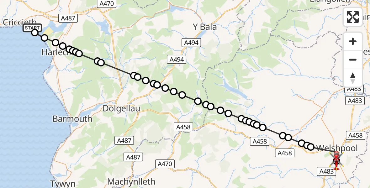 Flight route Air Ambulance Helicopter Morfa Bychan - Welshpool Airport, 25 May 2026, 20:05