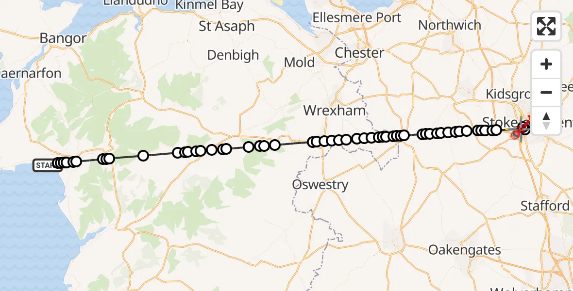 Flight route Air Ambulance Helicopter Morfa Bychan - University Hospital North Staffs, 25 May 2026, 20:08