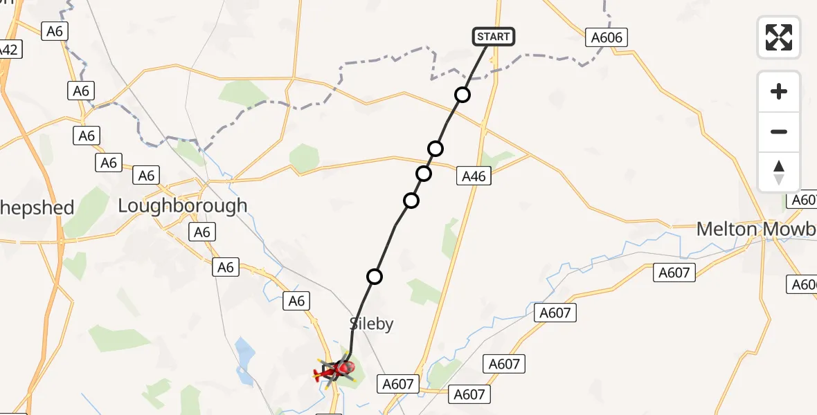 Flight route Air Ambulance Helicopter Willoughby on the Wolds - Rothley, 25 May 2026, 20:15