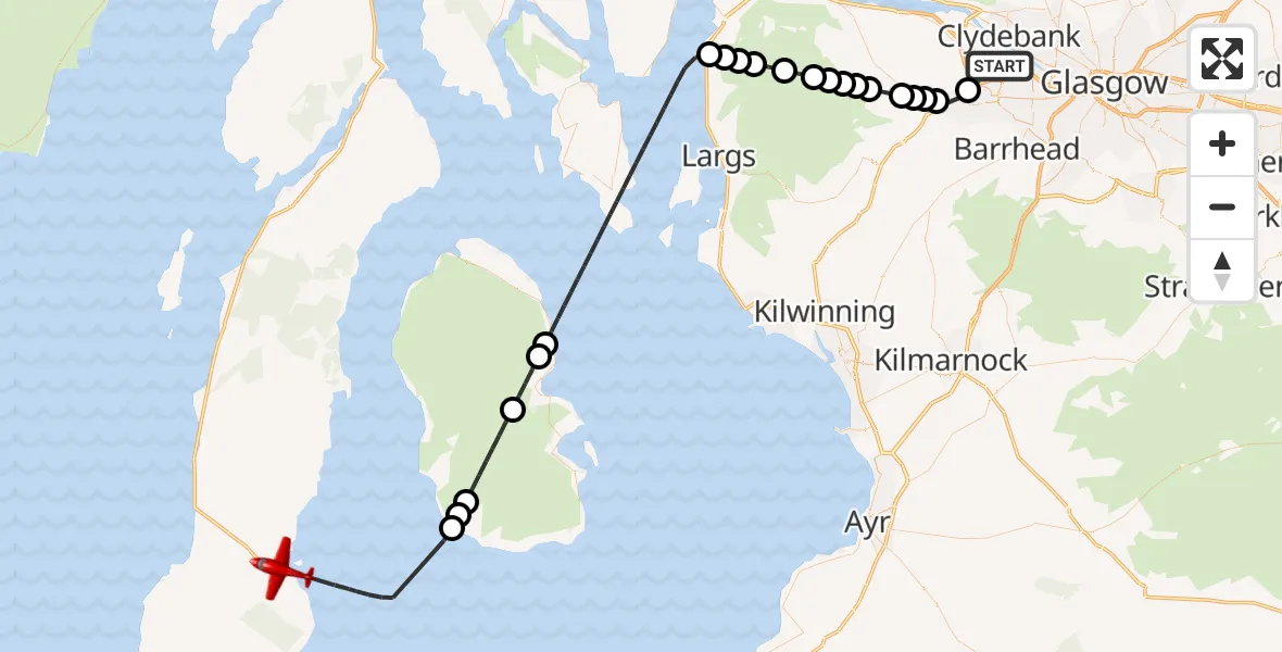 Flight route Air Ambulance Aircraft Glasgow Airport - Campbeltown, 25 May 2026, 20:21