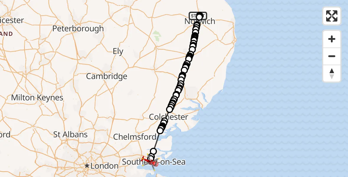 Flight route Air Ambulance Helicopter Norwich Airport - Leigh on Sea, 25 May 2026, 20:23