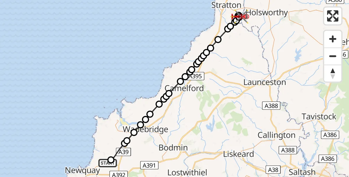 Flight route Air Ambulance Helicopter Cornwall Airport Newquay - Torridge, 25 May 2026, 20:31