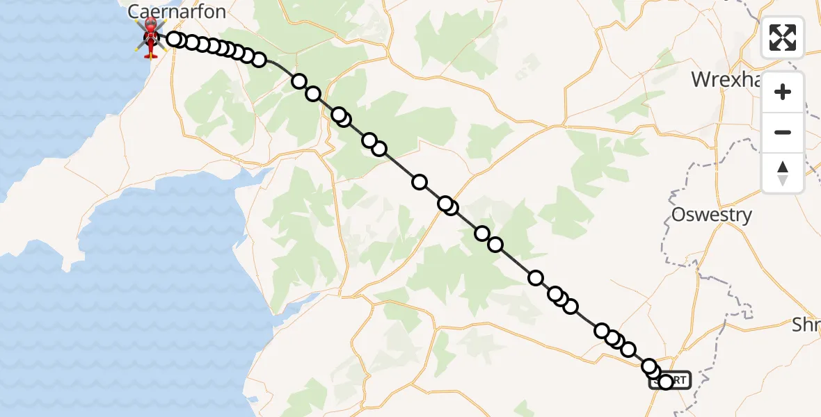 Flight route Air Ambulance Helicopter Welshpool Airport - Caernarfon Airport, 25 May 2026, 20:37