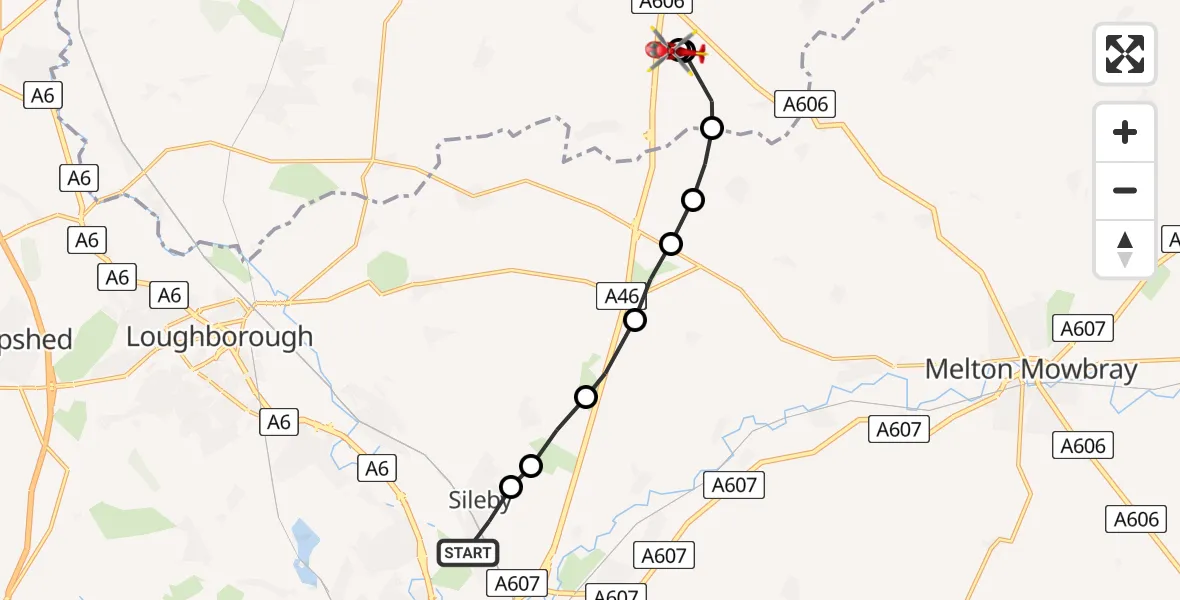 Flight route Air Ambulance Helicopter Syston - Nottingham Heliport, 25 May 2026, 20:37