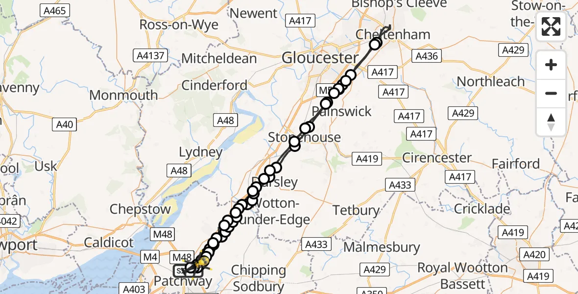 Flight route Police Helicopter Almondsbury Helicopter Base - Hortham, 25 May 2026, 20:38