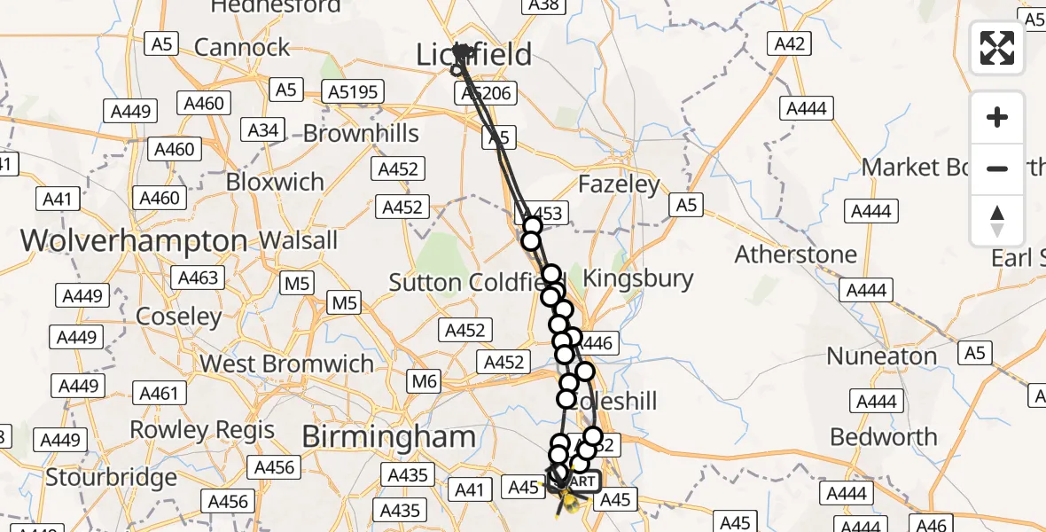 Flight route Police Helicopter Birmingham Airport - Birmingham Airport, 25 May 2026, 20:43