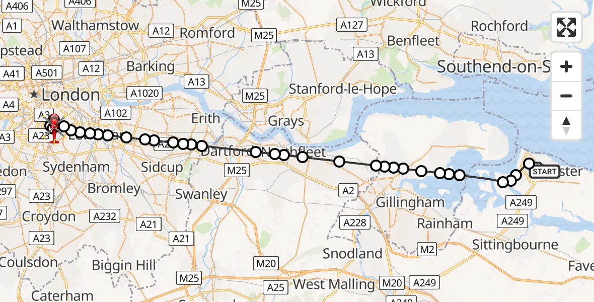 Flight route Air Ambulance Helicopter Halfway - Kings College London Hospital, 25 May 2026, 20:54