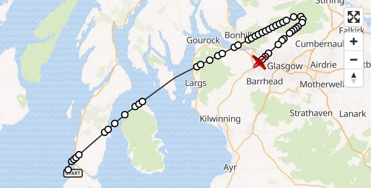 Flight route Air Ambulance Aircraft Machrihanish - Glasgow Airport, 25 May 2026, 21:06