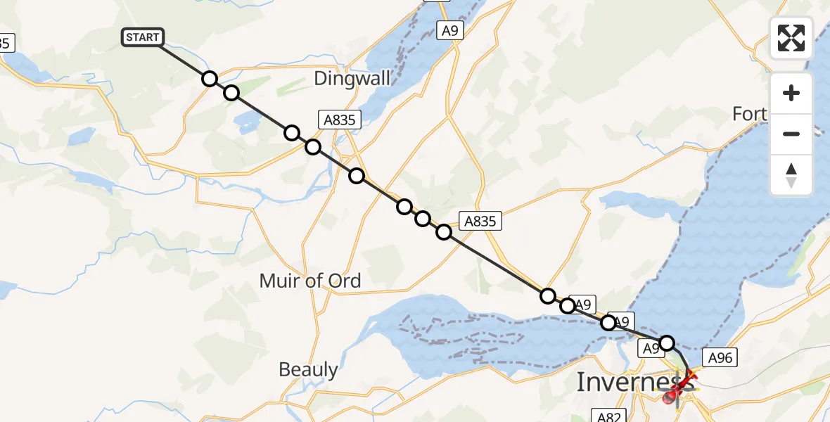 Flight route Air Ambulance Helicopter Glensgaich - Inverness, 25 May 2026, 21:07