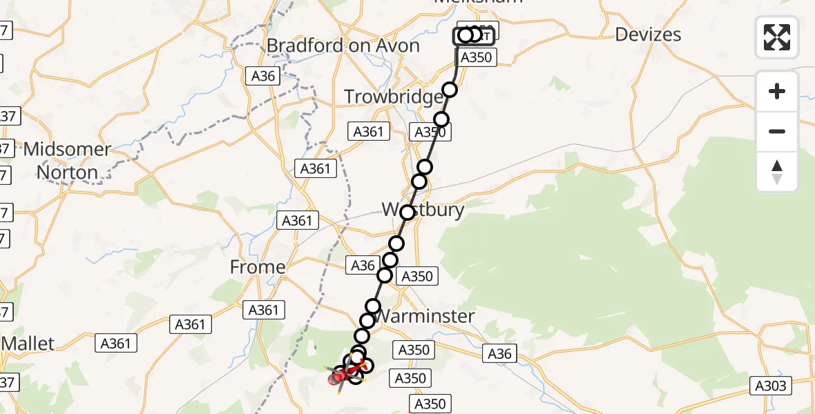 Flight route Air Ambulance Helicopter Wiltshire Air Ambulance - Longbridge Deverill, 25 May 2026, 21:09