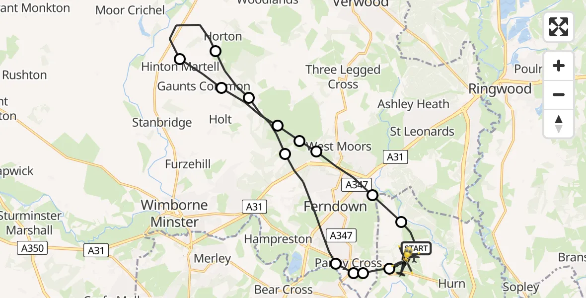 Flight route Police Helicopter Bournemouth Airport - Bournemouth Airport, 25 May 2026, 21:17