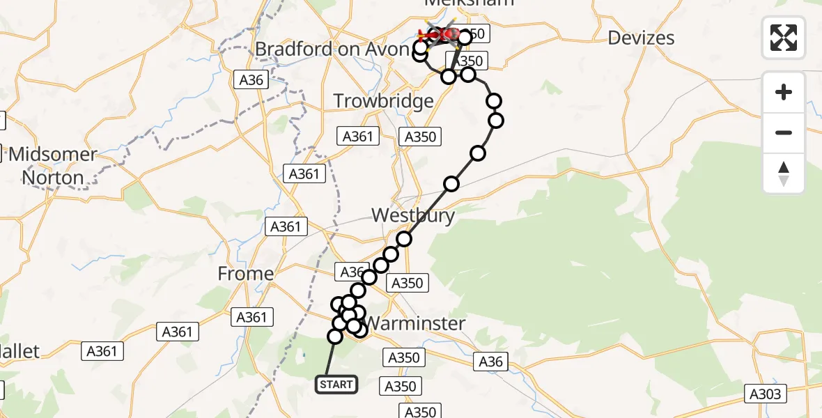 Flight route Air Ambulance Helicopter Horningsham - Melksham, 25 May 2026, 21:21