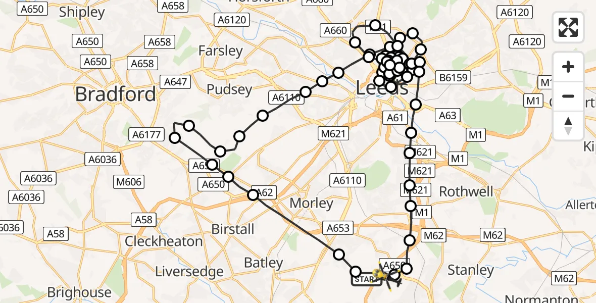 Flight route Police Helicopter East Ardsley - Brandy Carr, 25 May 2026, 21:33