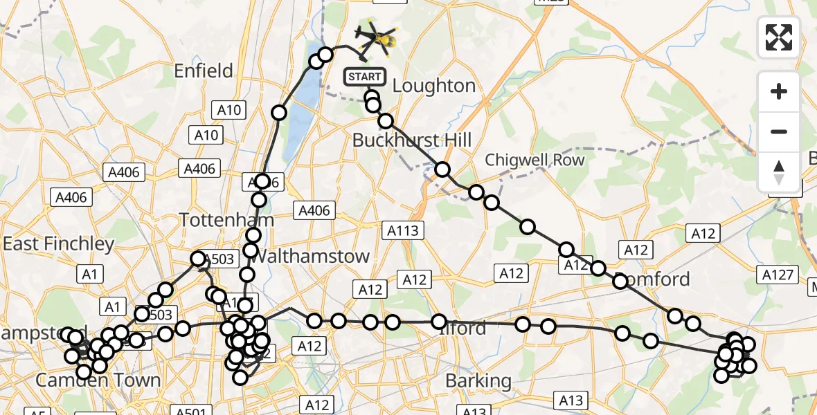 Flight route Police Helicopter Metropolitan Police Air Support Unit Lippitts Hill - Epping Forest, 25 May 2026, 21:35