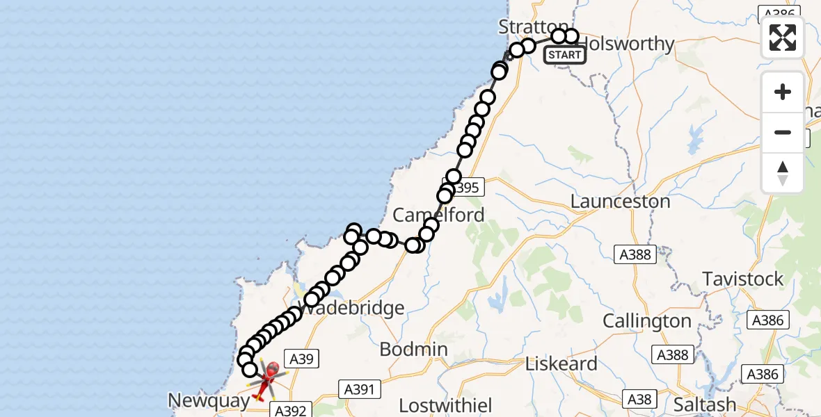 Flight route Air Ambulance Helicopter Torridge - Cornwall Airport Newquay, 25 May 2026, 21:39
