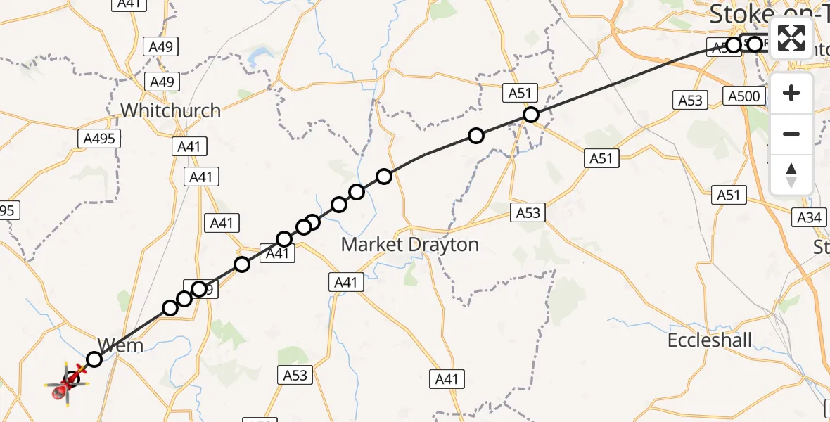 Flight route Air Ambulance Helicopter University Hospital North Staffs - Sleap Airfield, 25 May 2026, 21:44