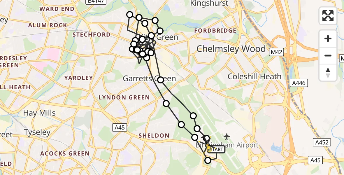 Flight route Police Helicopter Birmingham Airport - Birmingham Airport, 25 May 2026, 21:49