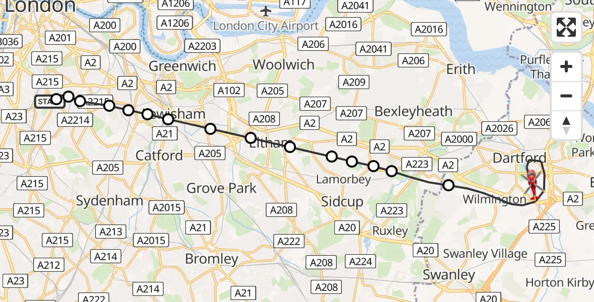 Flight route Air Ambulance Helicopter Kings College London Hospital - Dartford, 25 May 2026, 22:01