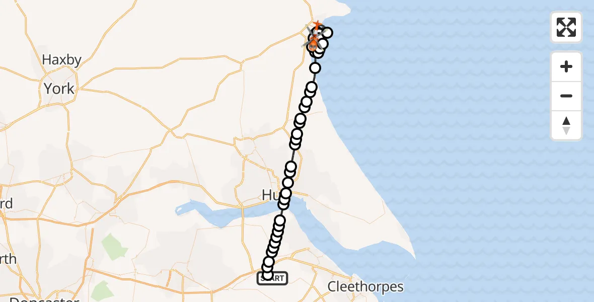 Flight route Coastguard Helicopter Humberside Airport - Bridlington, 25 May 2026, 22:04