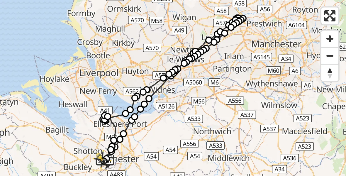 Flight route Police Helicopter Hawarden Airport - Hawarden Airport, 25 May 2026, 22:07
