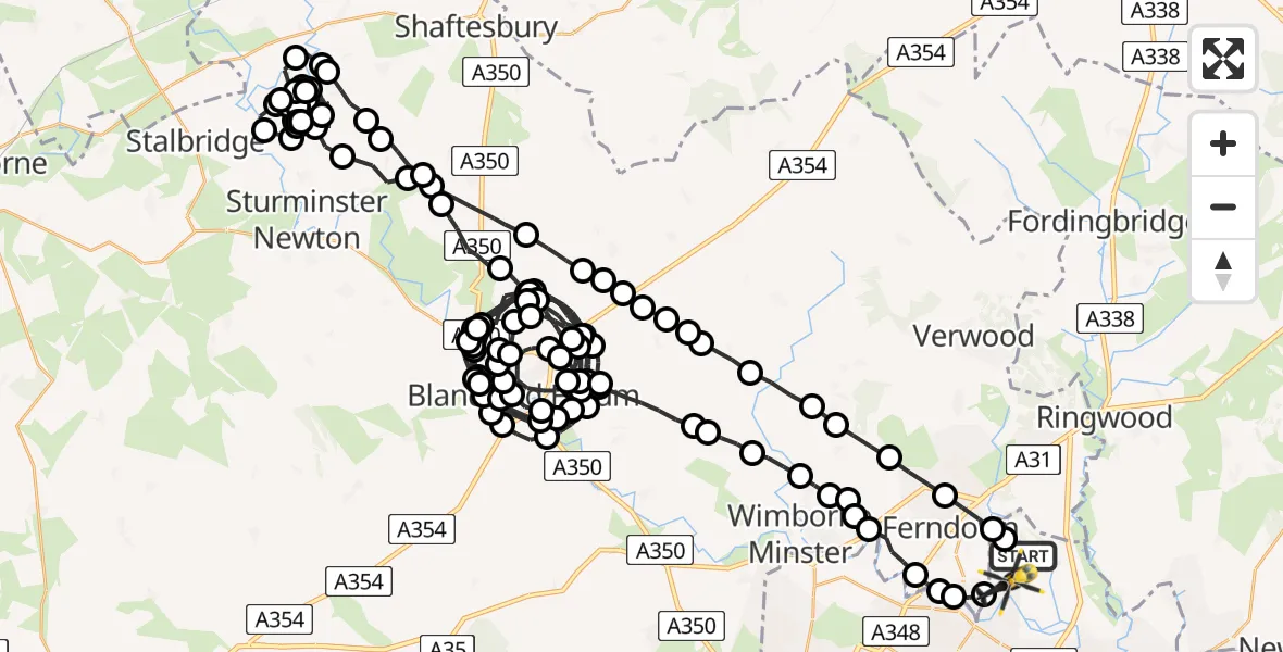 Flight route Police Helicopter Bournemouth Airport - Bournemouth Airport, 25 May 2026, 22:09