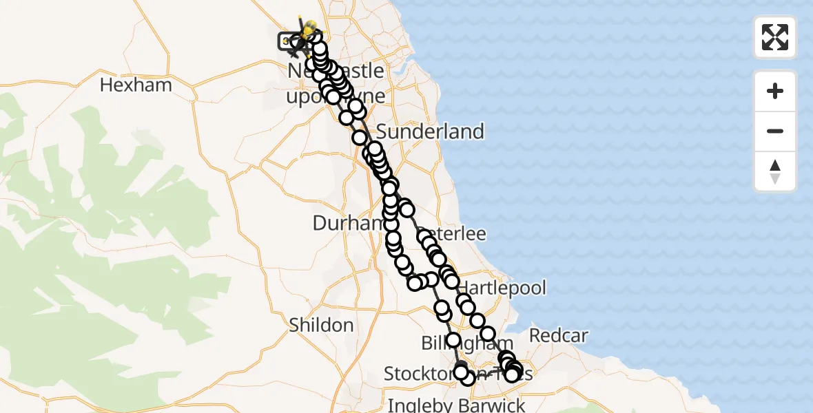 Flight route Police Helicopter Newcastle International Airport - Newcastle International Airport, 25 May 2026, 22:38