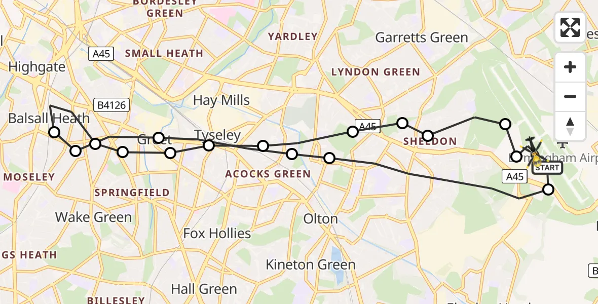 Flight route Police Helicopter Birmingham Airport - Birmingham Airport, 25 May 2026, 22:50
