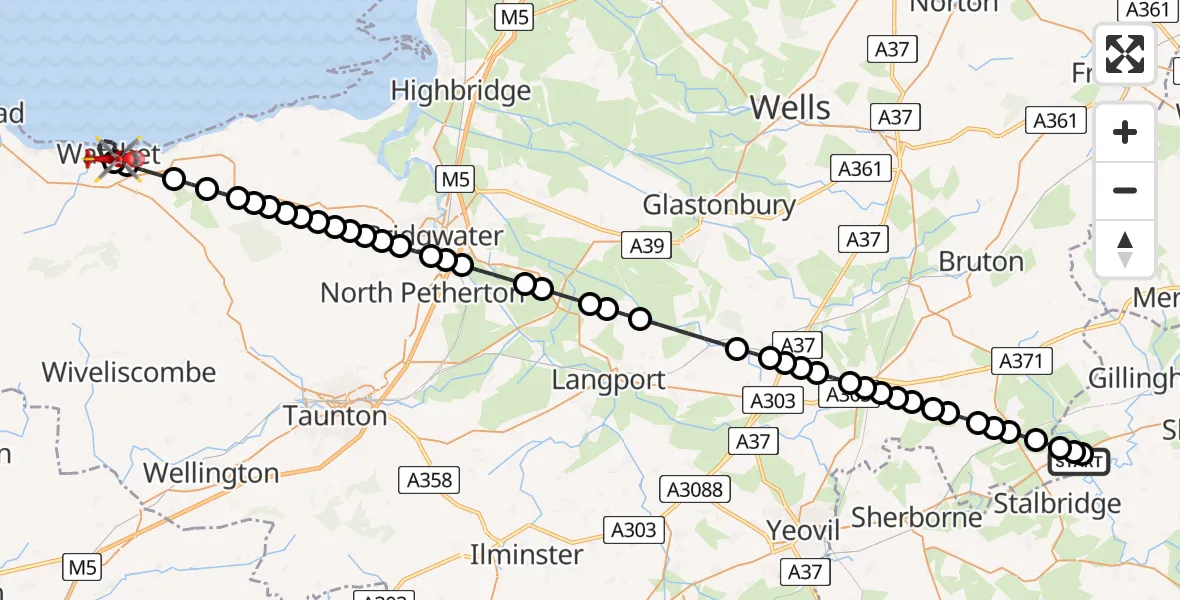 Flight route Air Ambulance Helicopter Henstridge Airfield - Watchet, 25 May 2026, 22:52