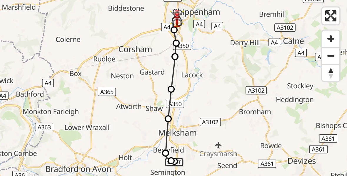 Flight route Air Ambulance Helicopter Wiltshire Air Ambulance - Chippenham, 25 May 2026, 23:24