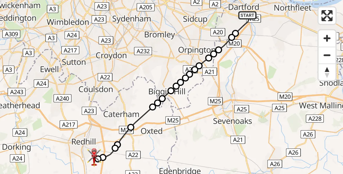 Flight route Air Ambulance Helicopter Dartford - Redhill Aerodrome, 25 May 2026, 23:26