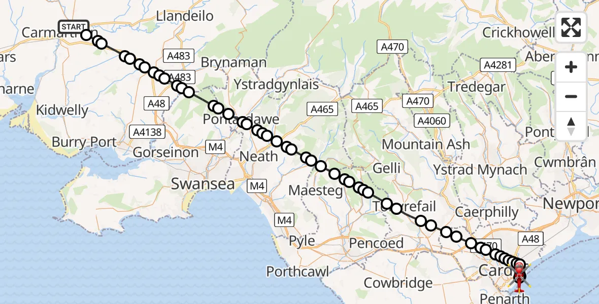Flight route Air Ambulance Helicopter Abergwili - Cardiff Heliport, 26 May 2026, 00:33