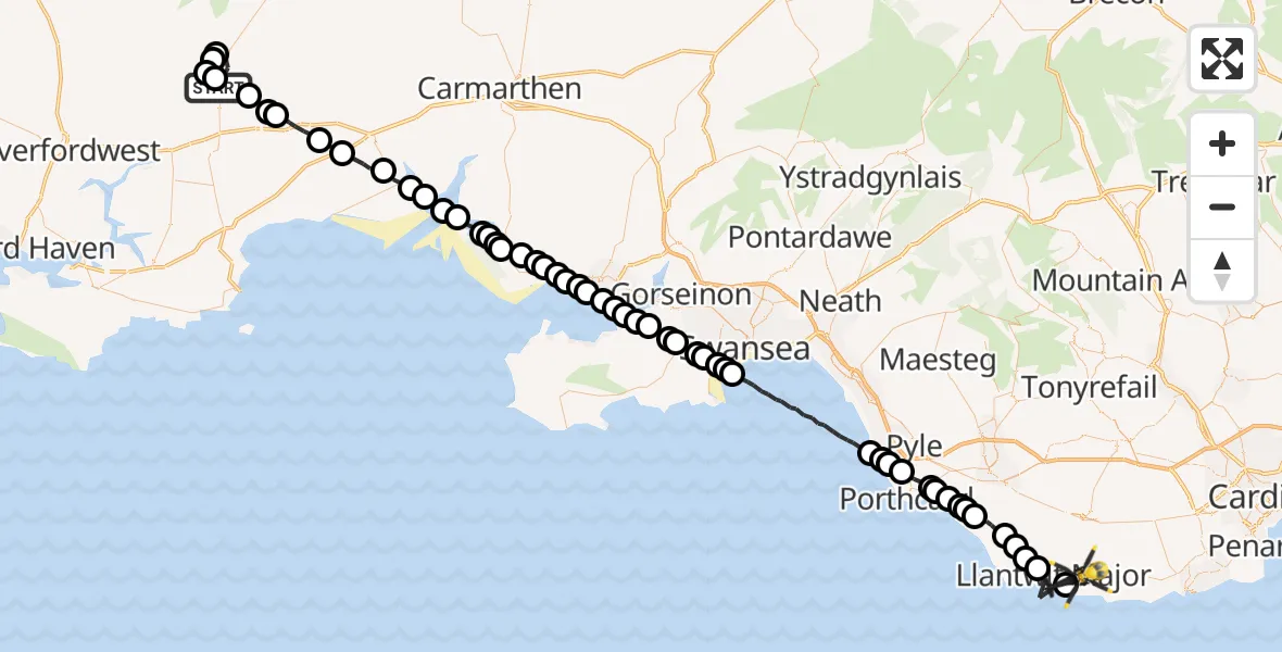 Flight route Police Helicopter Llandissilio - MOD St Athan, 26 May 2026, 00:46