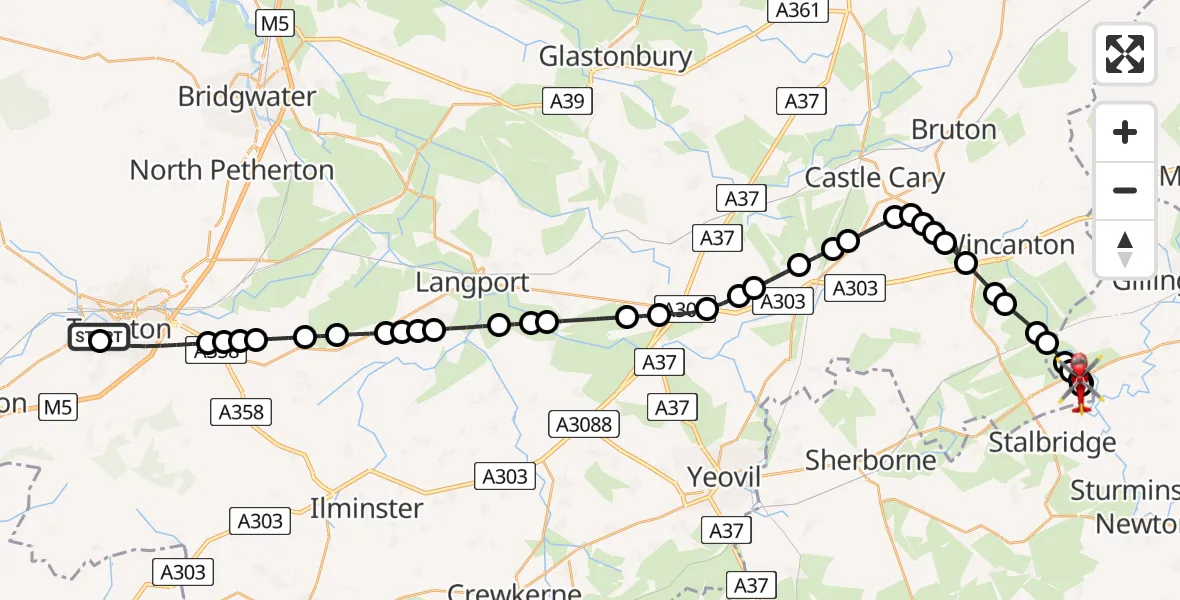 Flight route Air Ambulance Helicopter Musgrove Hospital - Henstridge Airfield, 26 May 2026, 00:54