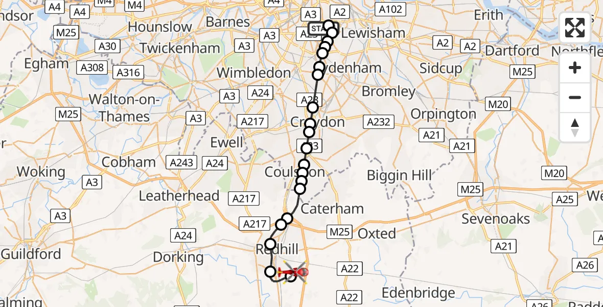 Flight route Air Ambulance Helicopter Kings College London Hospital - Redhill Aerodrome, 26 May 2026, 01:22