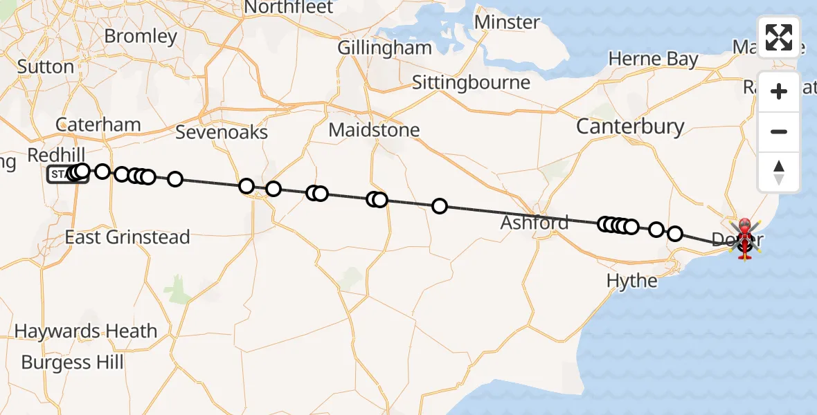 Flight route Air Ambulance Helicopter Redhill Aerodrome - Dover, 26 May 2026, 02:34