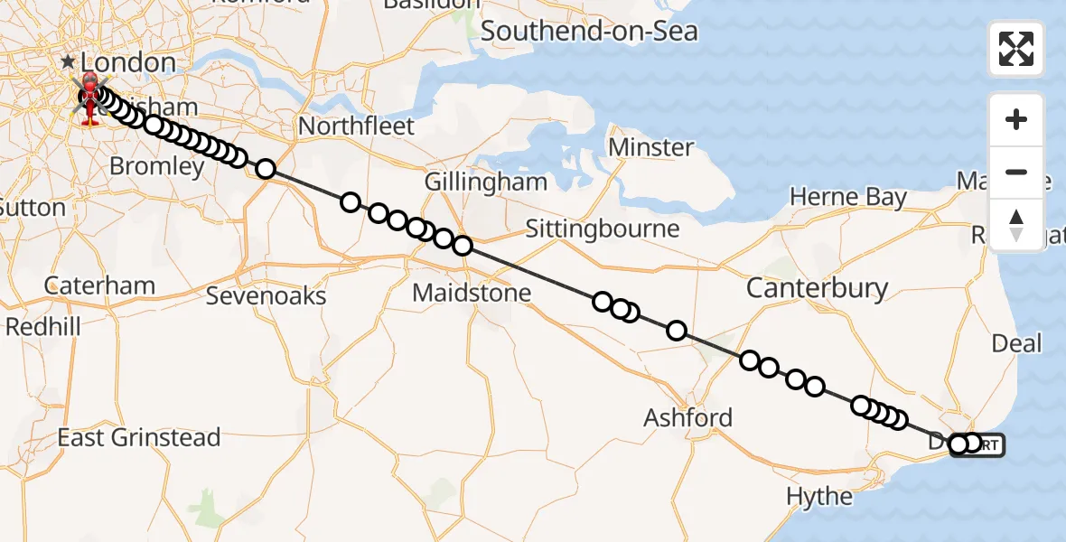 Flight route Air Ambulance Helicopter Dover - Kings College London Hospital, 26 May 2026, 04:03