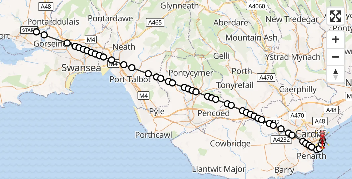 Flight route Air Ambulance Helicopter Dafen - Cardiff Heliport, 26 May 2026, 05:28