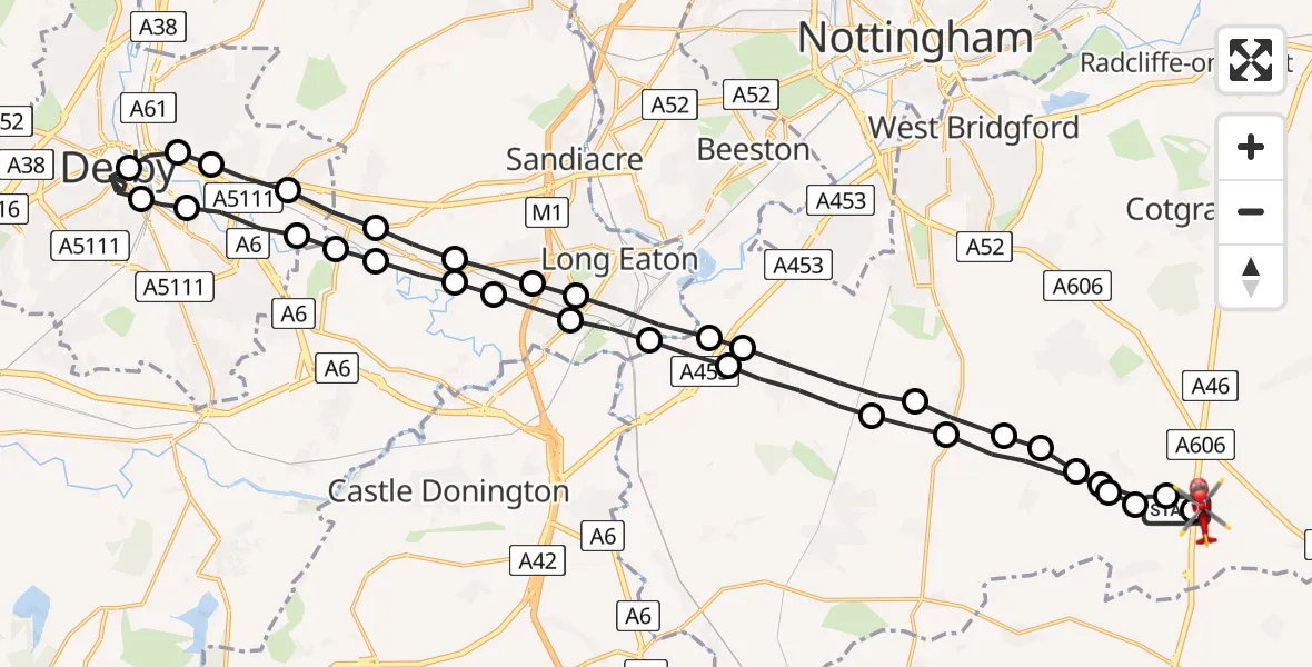 Flight route Air Ambulance Helicopter Widmerpool - Nottingham Heliport, 26 May 2026, 05:46