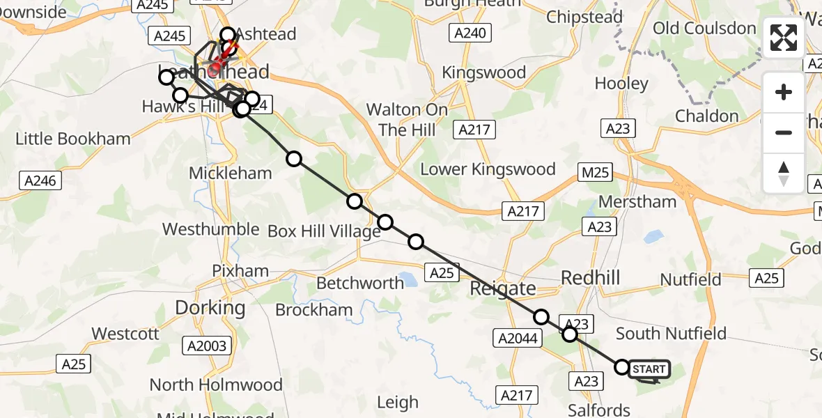 Flight route Air Ambulance Helicopter Redhill Aerodrome - Leatherhead, 26 May 2026, 06:47
