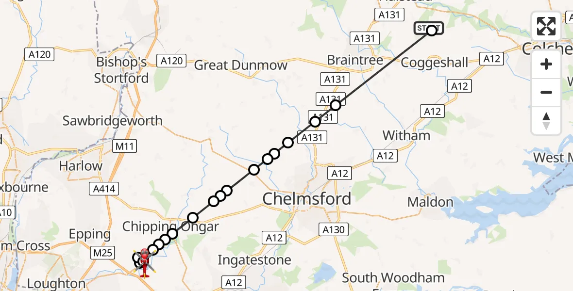 Flight route Air Ambulance Helicopter Earls Colne Airfield - Stanford Rivers, 26 May 2026, 07:02