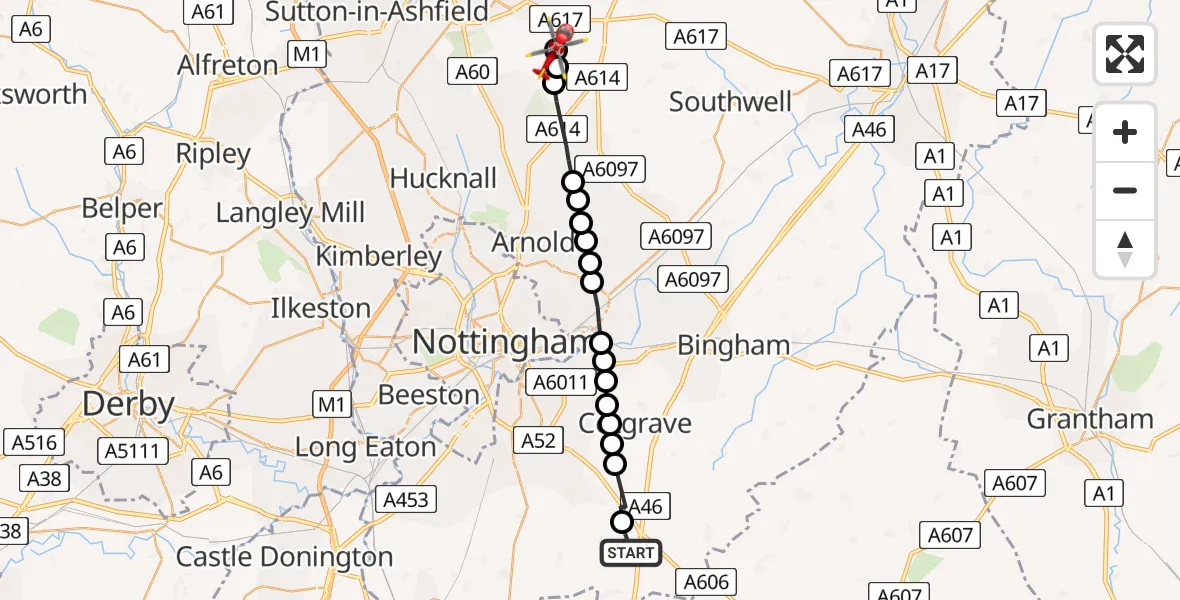 Flight route Air Ambulance Helicopter Widmerpool - Blidworth CP, 26 May 2026, 07:16