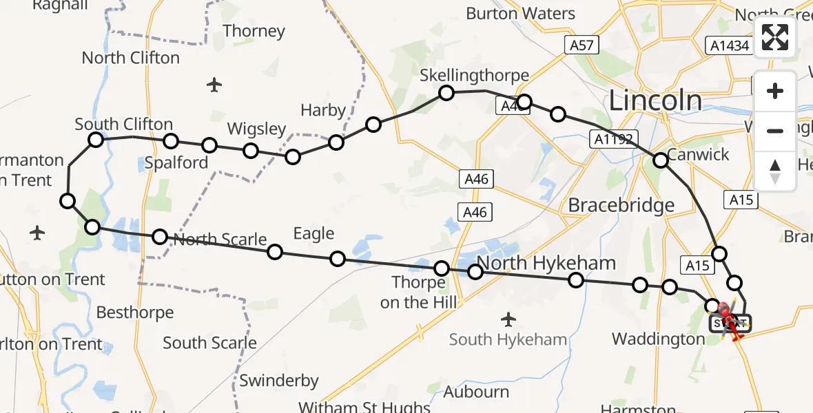 Flight route Air Ambulance Helicopter RAF Waddington - North Kesteven, 26 May 2026, 07:53