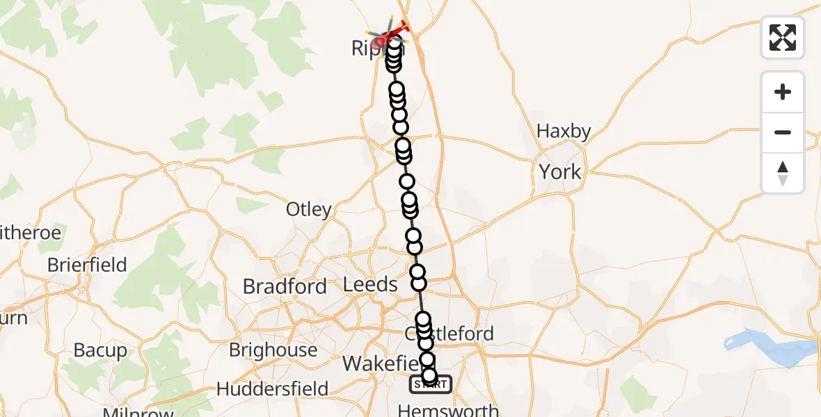 Flight route Air Ambulance Helicopter YAA Nostell Helicopter Port - Hutton Conyers, 26 May 2026, 08:02
